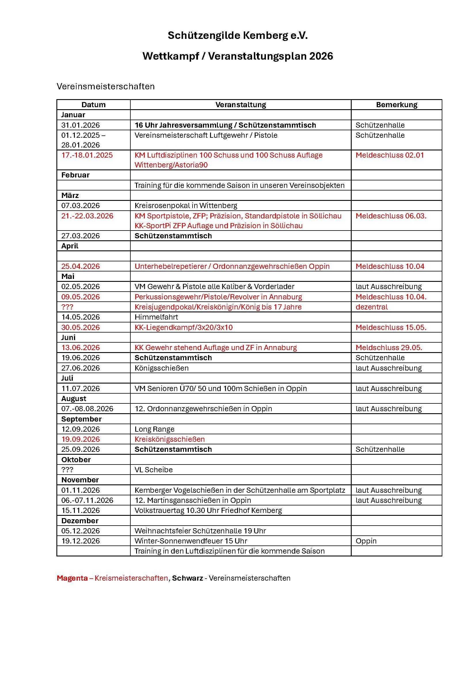 Veranstaltungsplan 2026